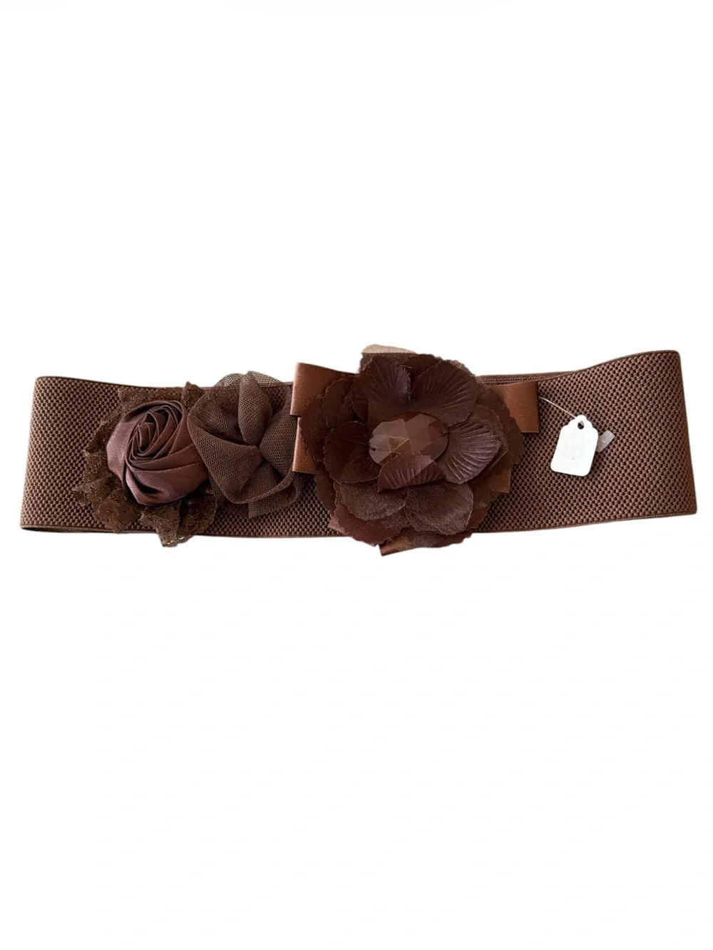 Ryu Brown Floral Clinch Belt 3 Snap Stretch Waist Dress Belt With Fabric Roses